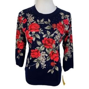 Sweater Floral Blue Red Rhinestone S